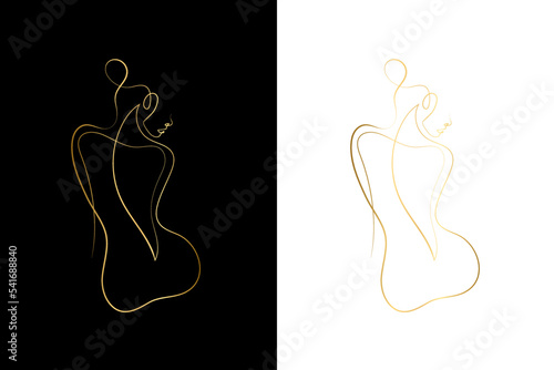 Nude woman face abstract silhouette, continuous line drawing, small tattoo, print for clothes and logo design, emblem or logo design, isolated vector illustration, Gold Line Art,  Set	
