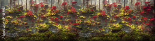 Panorama of a magic fairytale fantasy painting of magic dense forest with tree and flowers. Digital image painted dark fairytale fantasy landscape in impressionism style. Generative AI