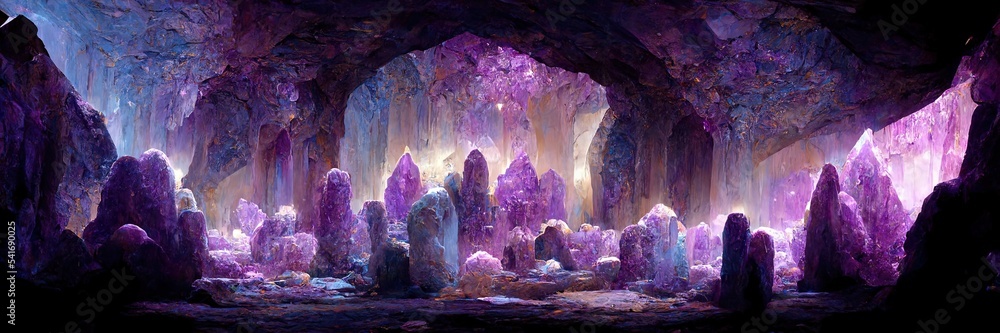 Fantasy Amethyst cave, crystal, quartz, nature, old geology. Amethyst cavern. 3D Digital - obrazy, fototapety, plakaty 