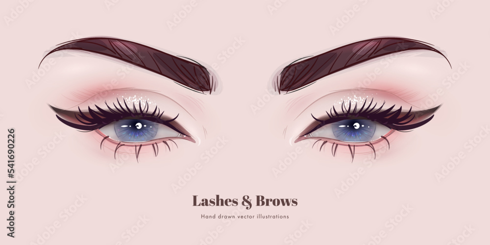 Realistic beautiful female eyes with long black eyelashes and brows isolated on background. Vector illustration Realistic beautiful female eyes with long black eyelashes and brows isolated on background. Vector illustration