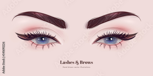 Realistic beautiful female eyes with long black eyelashes and brows isolated on background. Vector illustration