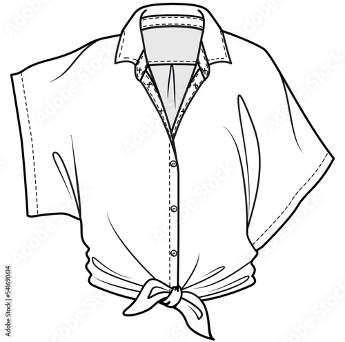 womens tie front kimono sleeve blouse top flat sketch vector illustration technical cad drawing template