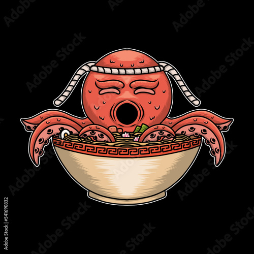 octopus on the ramen noodle illustration