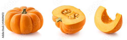 Set of fresh whole and sliced pumpkin
