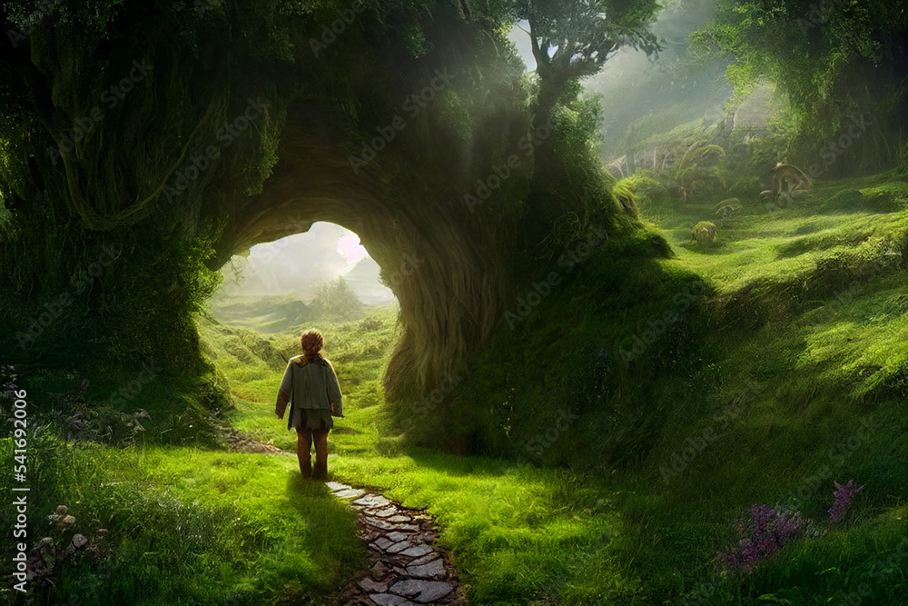 Concept art illustration of hobbit fantasy adventure - obrazy, fototapety, plakaty 
