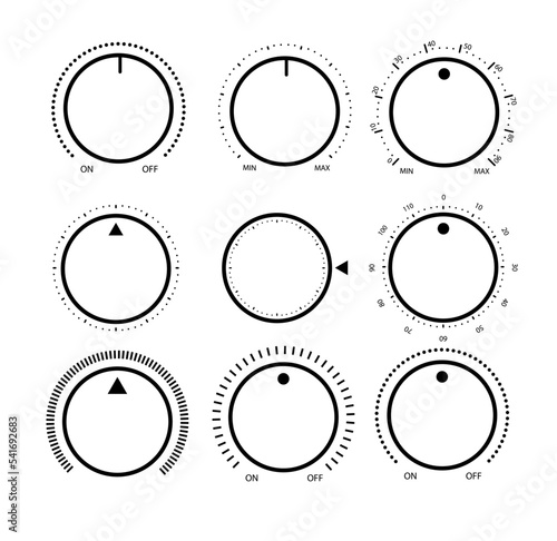 Adjustment dial. Rotary dials with round scale volume level knob and round controller