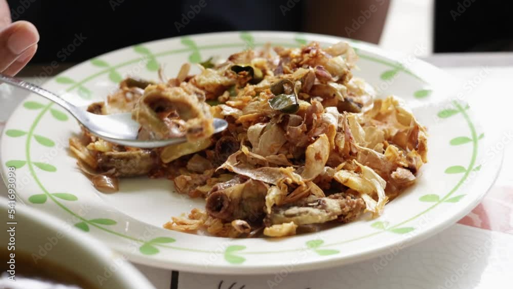 Fried Pork Chitterlings with ceramic plate Fried Pork Chitterlings with ceramic plate