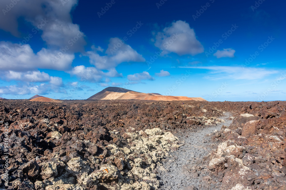 Lava path for Caldera Blanca Volcano in Lanzarote, Canary Islands,  Spain