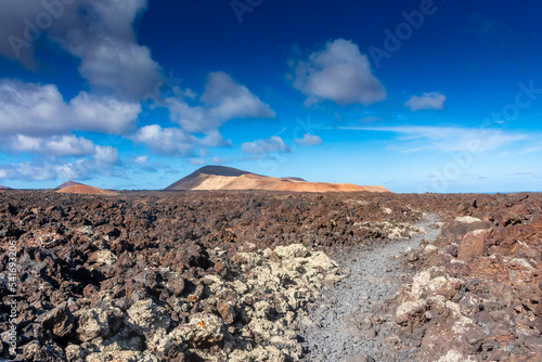 Lava path for Caldera Blanca Volcano in Lanzarote, Canary Islands, Spain