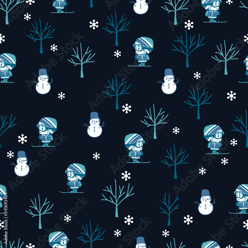 Winter Holiday Night Ski Boys Vector Graphic Seamless Pattern