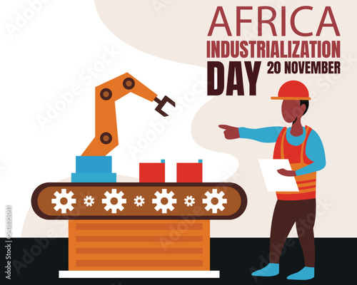 illustration vector graphic of a worker is supervising a factory machine operating, perfect for international day, africa industrialization day, celebrate, greeting card, etc.