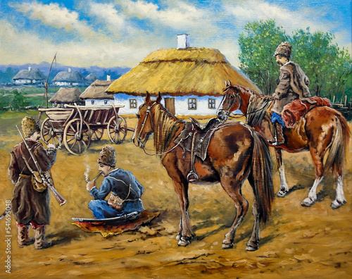 Oil paintings landscape, fine art, rural landscape. Cossacks on horses  photo