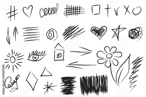 Set of doodle crosses, different checks, hearts, circles and swirls. Hand-drawn geometric shapes. Abstract sketch symbols.