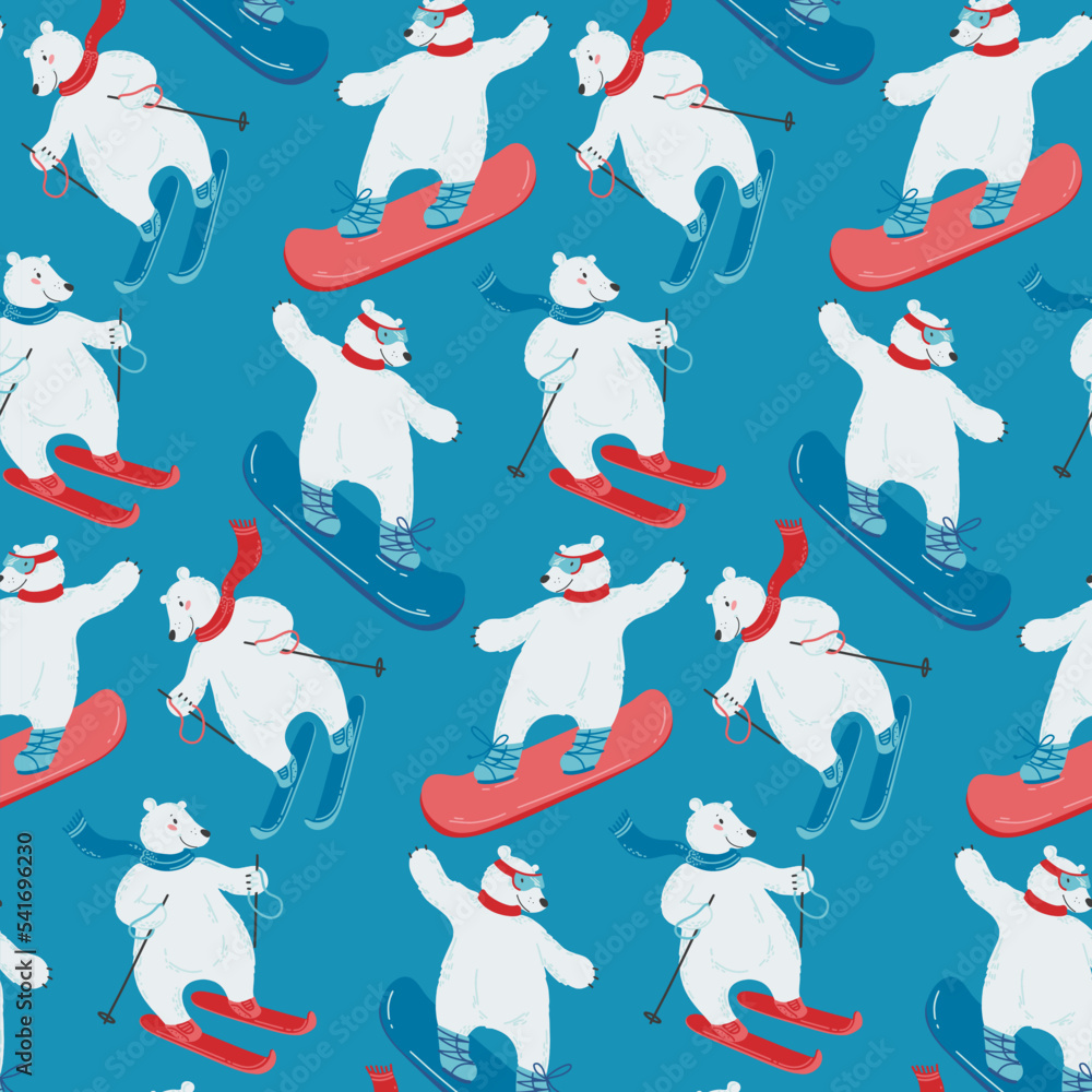 Seamless pattern with a cute polar bear that skis and snowboards. Illustration with winter sports. Winter activity. Vector illustration in a flat style.