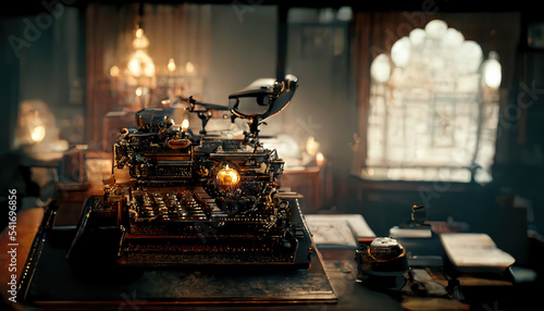AI generated image of a vintage ornate typewriter in a Victorian era clerk's office	
