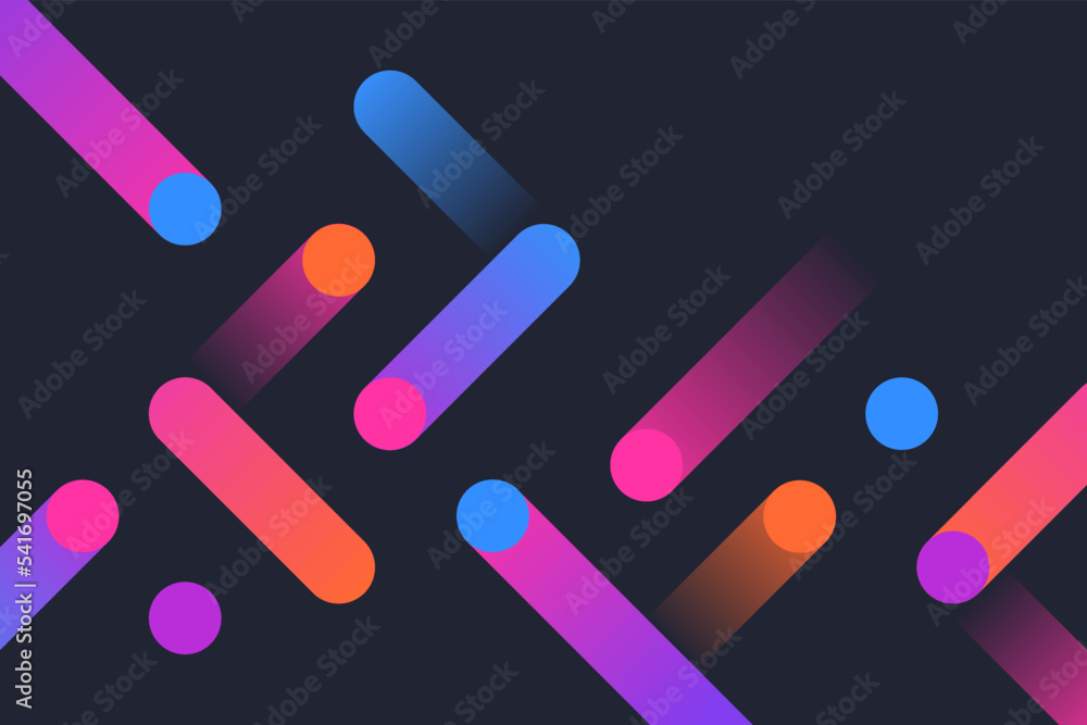 Modern holographic gradient dynamic lines with dots on black background. Abstract vivid composition of motion geometric shapes illustration Modern holographic gradient dynamic lines with dots on black background. Abstract vivid composition of motion geometric shapes illustration