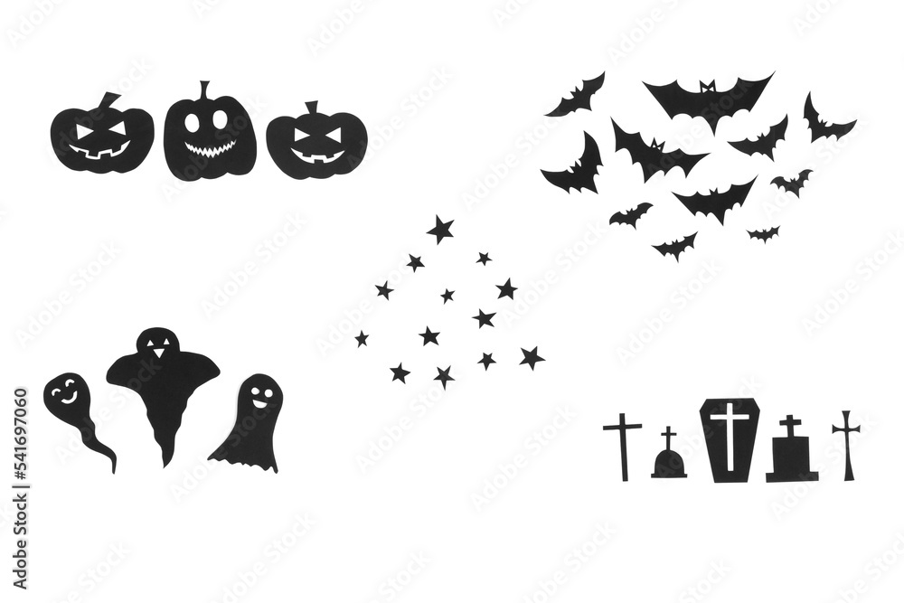 Happy halloween, Pumpkin smile, Ghost, Bats, Christian cross, Grave and Star make from black paper cut on white background, Decorative Halloween concept Happy halloween, Pumpkin smile, Ghost, Bats, Christian cross, Grave and Star make from black paper cut on white background, Decorative Halloween concept