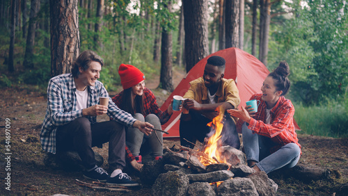 Canvas-taulu multiracial group of friends Caucasian and African American are sitting in wood around fire with glasses, talking and smiling, bright flame is moving