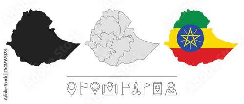 Set of different Ethiopia maps with national flag. Navigation line icons. Vector illustration.
