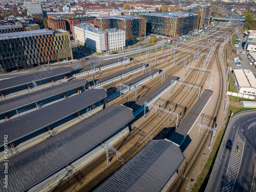 Kraków Aerial View. Main Railway Station. Kraków is a the capital of the Lesser Poland Voivodeship. Poland. Europe. 