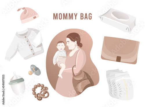 Mom accessories set, Young mother with a child in her arms, Diaper bag, Daily woman backpack, Mommy nappy backpack. Baby changing mat, clothes, bottle, rattle. Pastel  flat vector illustration.