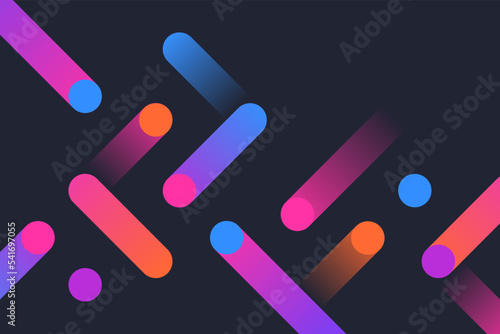 Modern holographic gradient dynamic lines with dots on black background. Abstract vivid composition of motion geometric shapes illustration