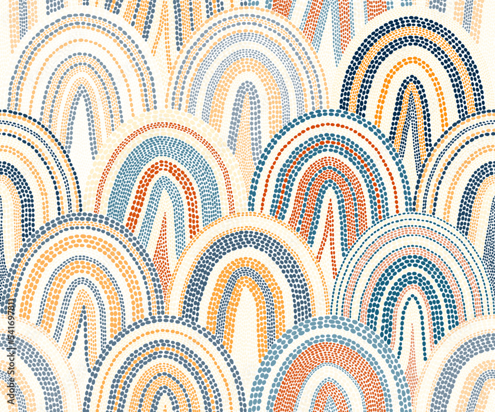 Seamless wavy pattern in polka dot style. Bohemian patchwork print. Vector illustration. - obrazy, fototapety, plakaty 