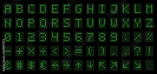 LED Digital Alphabet for Electronic Digital Display, Signages, Information Panels, Sports, Games, Data Boards, Schedules. Dot font with green letters, numbers, signs and symbols. Vector illustration