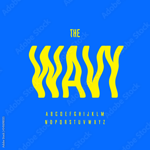 Distorted mirror font, water surface reflection trembling typeset. Halloween ghost wavy high alphabet, marijuana cigarette smoke unusual type. Motion illusion letters, vector typographic design
