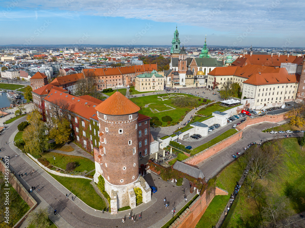 Kraków Aerial View. Royal Castle Wawel from Above. Kraków is a the capital of the Lesser Poland Voivodeship. Poland. Europe.  - obrazy, fototapety, plakaty 