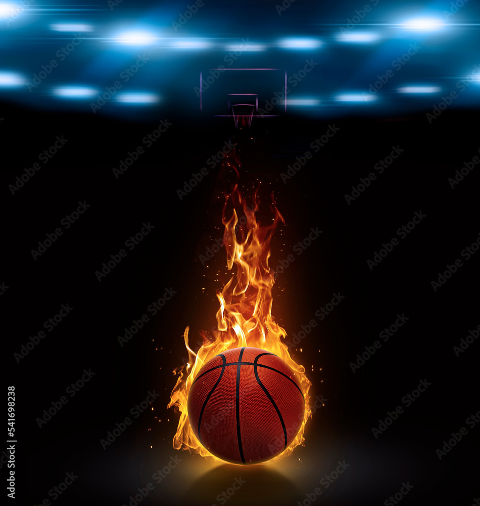 Basketball on fire on an basketball court. 3d render