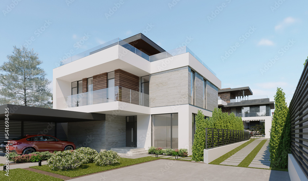 Modern private house with a carport and a small plot. 3D visualization. House concept