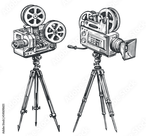 Vintage movie camera sketch. TV, film industry, cinema concept. Hand drawn retro video projector vector illustration