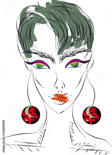 Girl with eye makeup, bright pink-purple arrows. Short hair, pixie haircut and with long round earrings, astrological sign Lilith