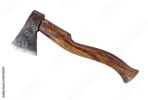 Old rusty axe with old wood isolated on a white background,, PNG file photo