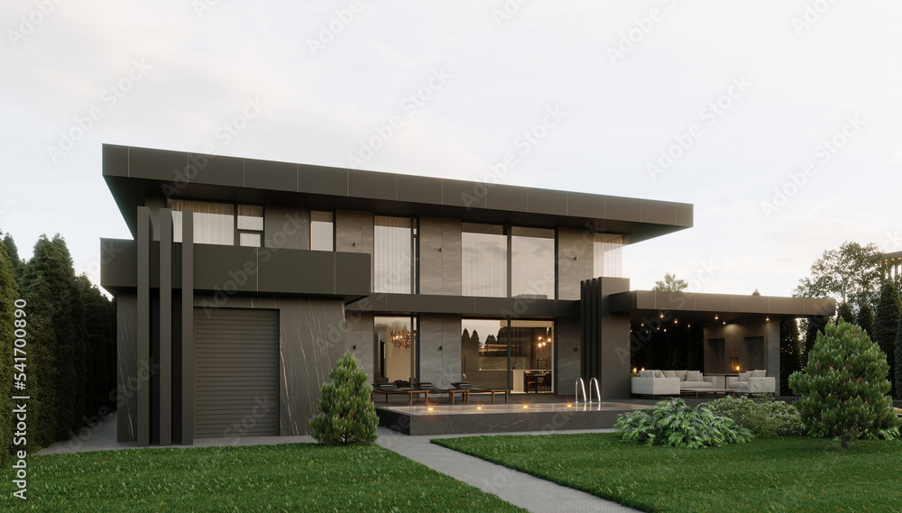 Modern house with carport, large terrace and swimming pool. A house with panoramic windows and a facade made of wide ceramic slabs Modern house with carport, large terrace and swimming pool. A house with panoramic windows and a facade made of wide ceramic slabs