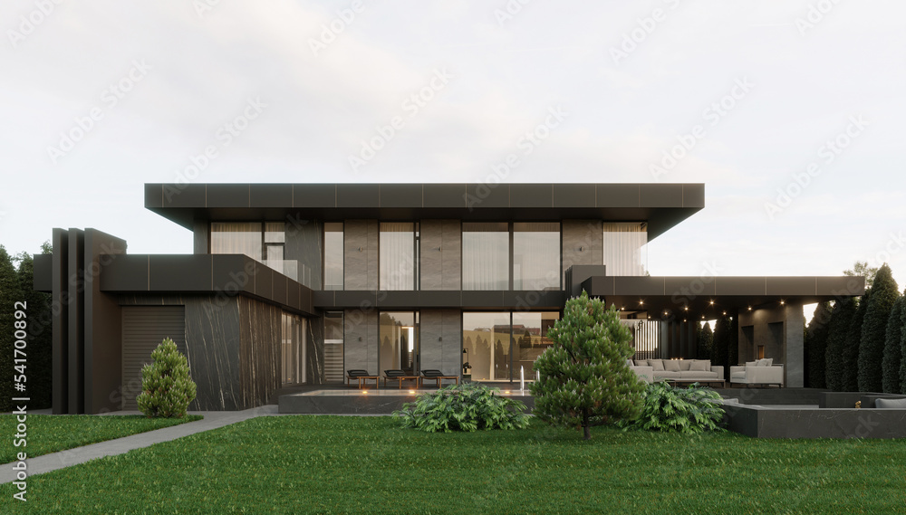Modern house with carport, large terrace and swimming pool. A house with panoramic windows and a facade made of wide ceramic slabs Modern house with carport, large terrace and swimming pool. A house with panoramic windows and a facade made of wide ceramic slabs