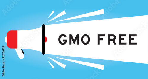 Color megphone icon with word GMO (abbreviation of Genetically Modified Organisms) free in white banner on blue background