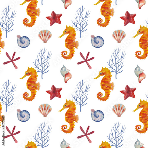 Watercolor seamless pattern with sea ​​horse and shells blue color