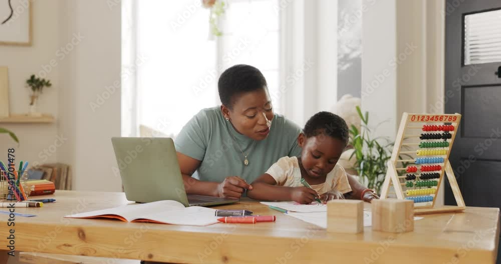 Home, learning and teaching of mother with child color drawing in work book for education, support and creative development. African black family mom helping kid writing on paper for kindergarten Home, learning and teaching of mother with child color drawing in work book for education, support and creative development. African black family mom helping kid writing on paper for kindergarten