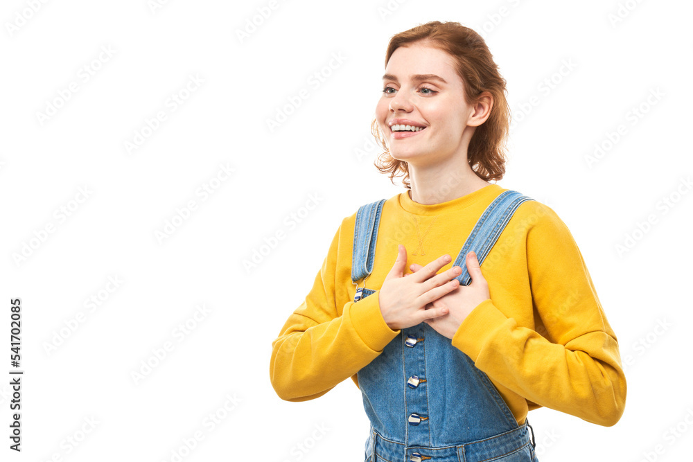 Portrait of positive redhead girl in casual jeans emotionally rejoices and feels happy isolated on white background, advertising banner Portrait of positive redhead girl in casual jeans emotionally rejoices and feels happy isolated on white background, advertising banner