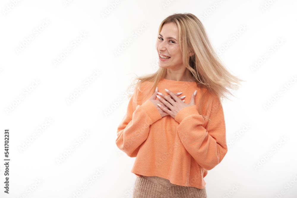 Portrait positive blonde girl emotionally rejoices and feels happy satisfied isolated on white background, advertising banner Portrait positive blonde girl emotionally rejoices and feels happy satisfied isolated on white background, advertising banner