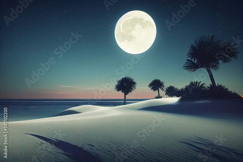 isolated island with a wonderful beach and Palm trees, ocean, moon, reflection, moonlight, postcard, space for text, fictional landscape made with generative ai