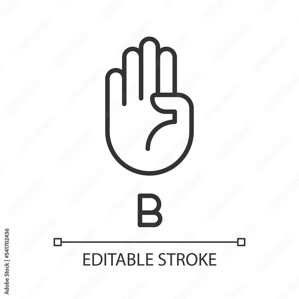 Letter B in American sign language pixel perfect linear icon. Communication system. Thin line illustration. Contour symbol. Vector outline drawing. Editable stroke. Arial font used Letter B in American sign language pixel perfect linear icon. Communication system. Thin line illustration. Contour symbol. Vector outline drawing. Editable stroke. Arial font used