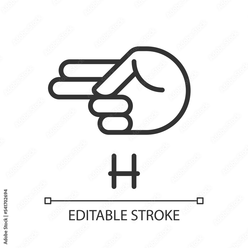 Signing letter H in ASL pixel perfect linear icon. Communication system for people with deafness. Thin line illustration. Contour symbol. Vector outline drawing. Editable stroke. Arial font used Signing letter H in ASL pixel perfect linear icon. Communication system for people with deafness. Thin line illustration. Contour symbol. Vector outline drawing. Editable stroke. Arial font used