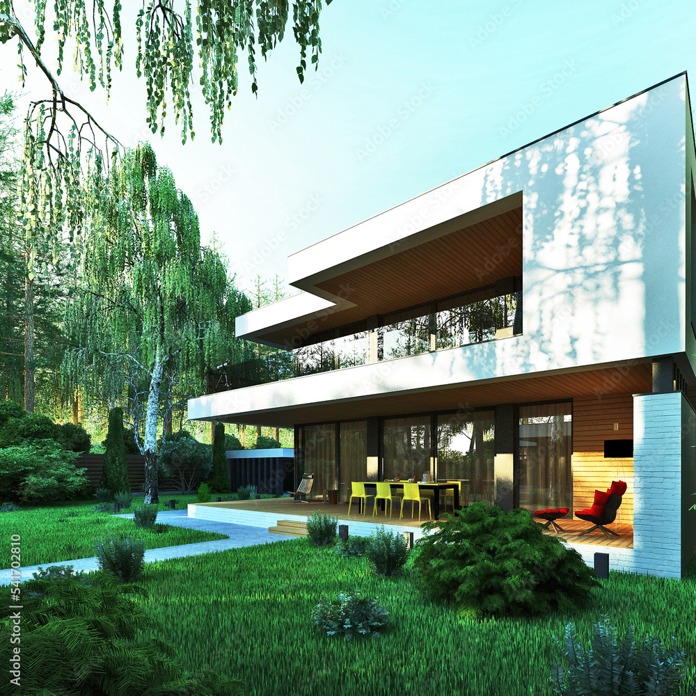 House with a flat roof in the forest. Brick and wooden facade of the house. Modern house with a terrace and panoramic windows. 3D visualization House with a flat roof in the forest. Brick and wooden facade of the house. Modern house with a terrace and panoramic windows. 3D visualization