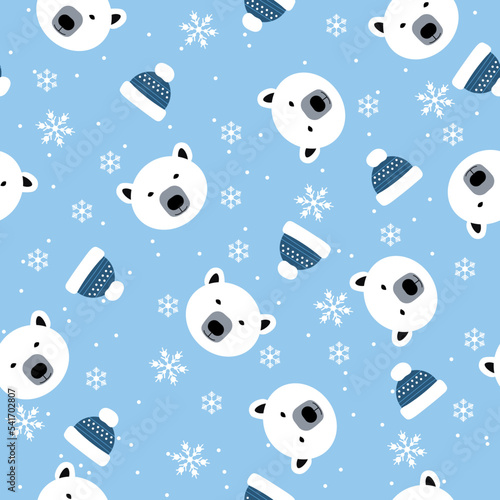 flat pattern image with polar bear head and blue cap. seamless pattern with polar bear, snowballs on a blue background