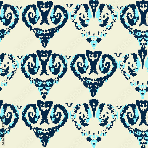 Ethnic Vector Pattern. Bohemian Peacock Print. Abstract Modern Batik. Indigo Blue and Red Fashion Retro Art. Geometric Ikat Seamless Design. Vintage Ornament. Rhombus Watercolor Background.