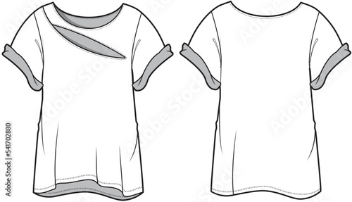 Cut Out T-Shirt Front and Back View. Fashion Illustration, Vector, CAD, Technical Drawing, Flat Drawing, Template, Mockup.