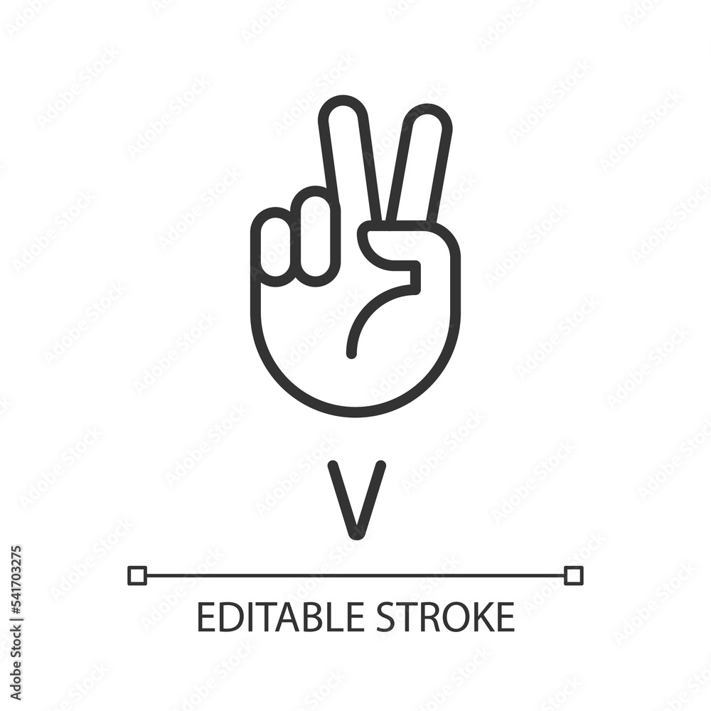 Letter V in ASL system pixel perfect linear icon. Sound visualization by gestures. Communication. Thin line illustration. Contour symbol. Vector outline drawing. Editable stroke. Arial font used Letter V in ASL system pixel perfect linear icon. Sound visualization by gestures. Communication. Thin line illustration. Contour symbol. Vector outline drawing. Editable stroke. Arial font used